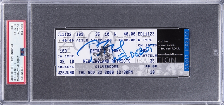 2000 Tom Brady Signed & Inscribed NFL Debut Full Ticket From 11/23/00 With "NFL Debut" Inscription (TriStar Sticker, PSA EX-MT 6 & PSA/DNA GEM MINT 10)